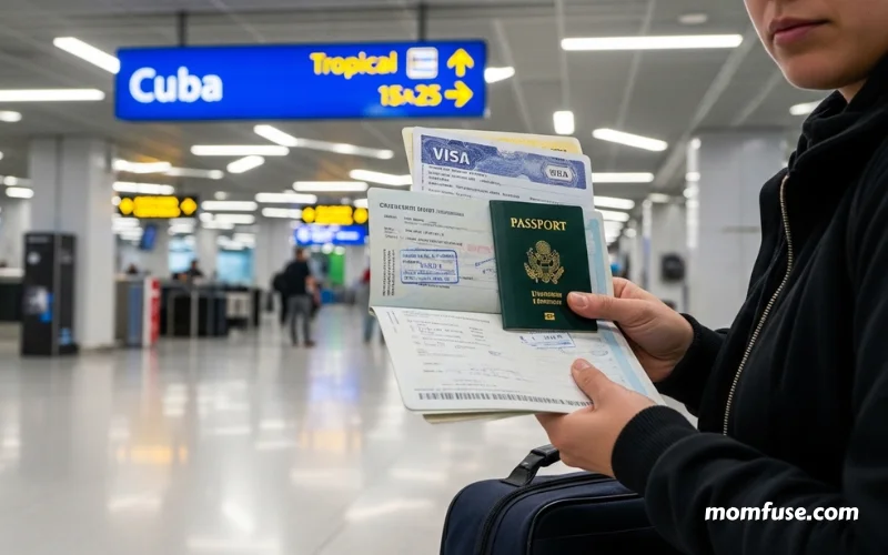 Traveler at airport holding passport and visa documents.