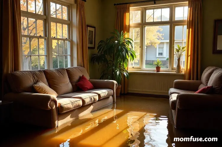 A dramatic scene of a flooded home interior with furniture partially submerged in water.