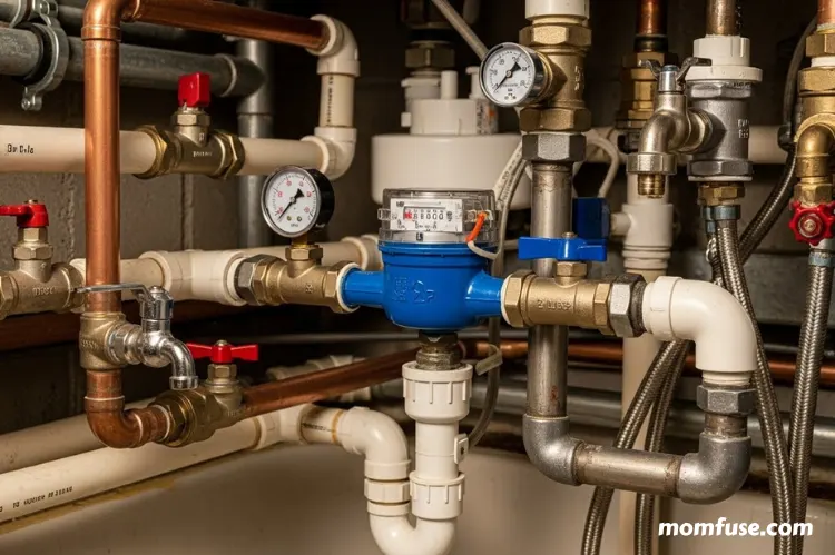 Detailed close-up of a network of household pipes and fixtures.