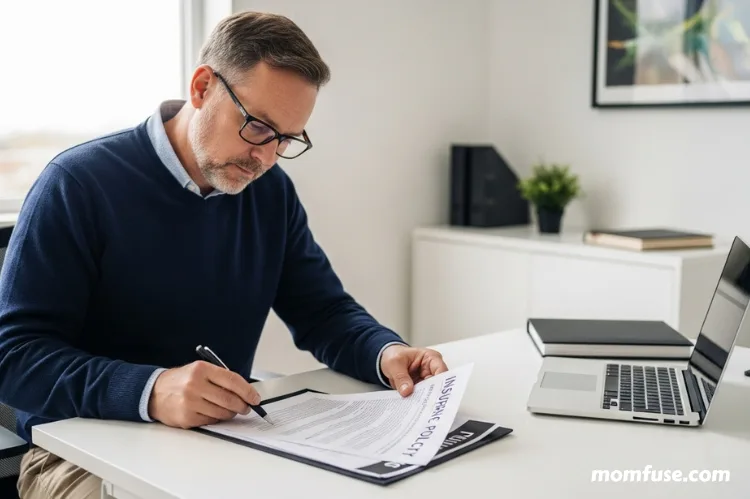A person reviewing an insurance policy document at a desk.