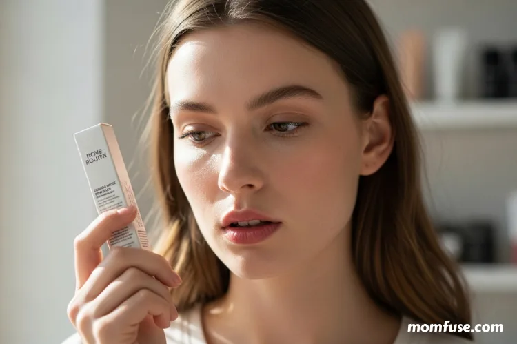 Woman reading lip product packaging carefully in soft daylight, thoughtful expression.