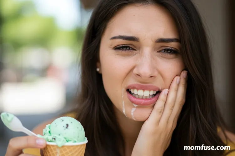 A woman wincing in discomfort while eating ice cream, highlighting tooth sensitivity