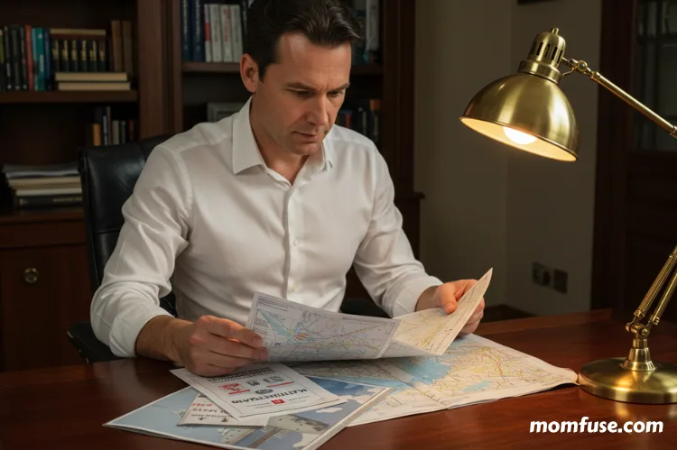 A person sitting at a desk reviewing travel documents and an insurance policy.