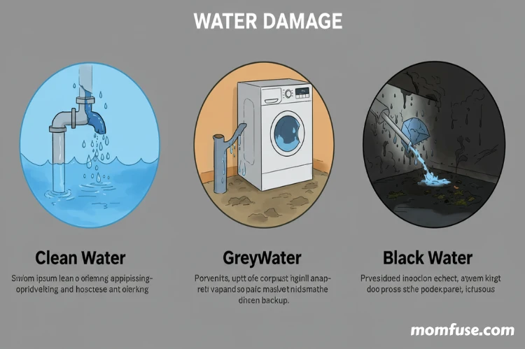 An infographic-style illustration showing the three categories of water damage.