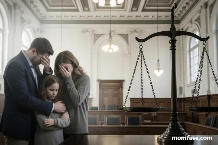 A courtroom background with a faded of a grieving family and scales of justice.