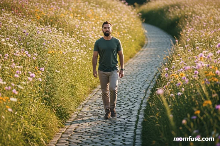 A person confidently walking forward on a winding path.