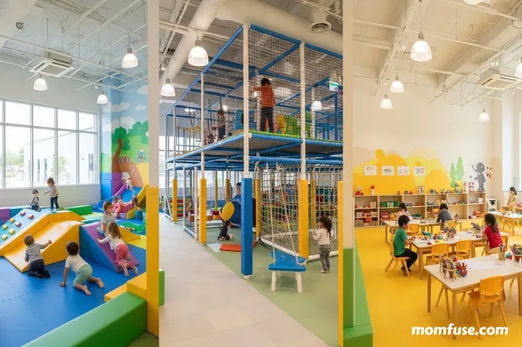 A split-scene indoor play center showing multiple activity zones.