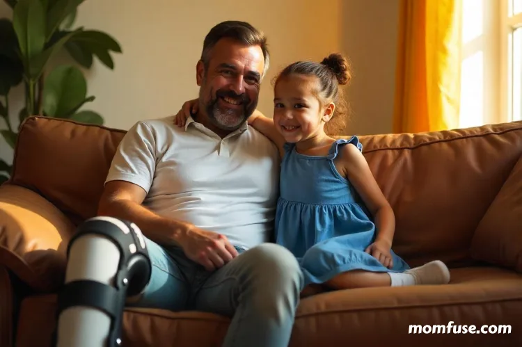 A parent with a leg brace sitting on a couch with a child nearby.