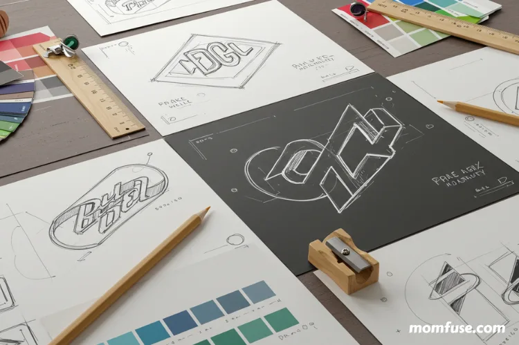 Flat lay of branding essentials including logo sketches, color palette swatches.