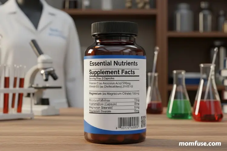A supplement bottle label showing a detailed ingredients list.