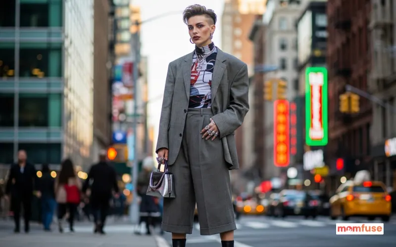 stylish androgynous person with unique fashion standing confidently on urban street.