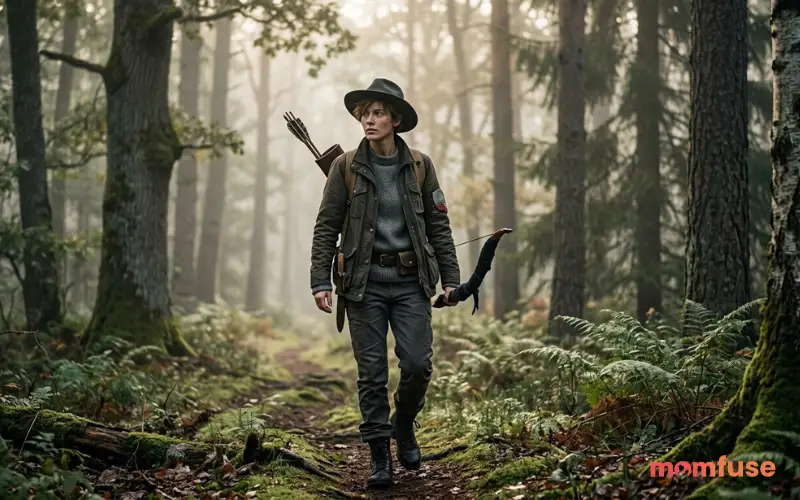 “androgynous hunter character, neutral outfit, misty forest, balanced aesthetic, cinematic lighting”