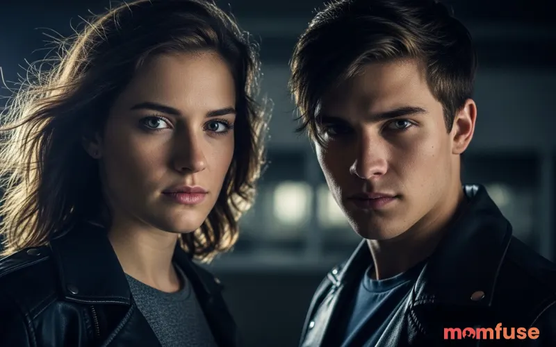 Two confident young adults (male and female) standing together with powerful expressions, symbolizing strength and intensity, natural human portraits