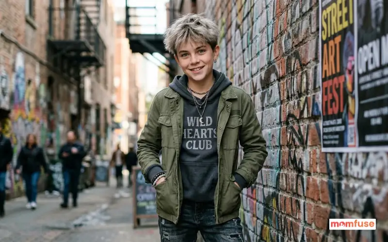 androgynous young boy with confident mischievous expression, casual modern outfit.