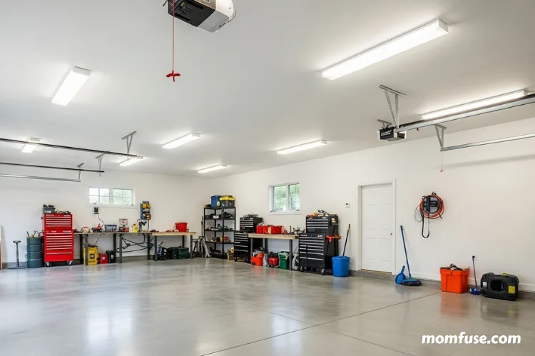 A bright garage interior with ceiling-mounted LED lights.