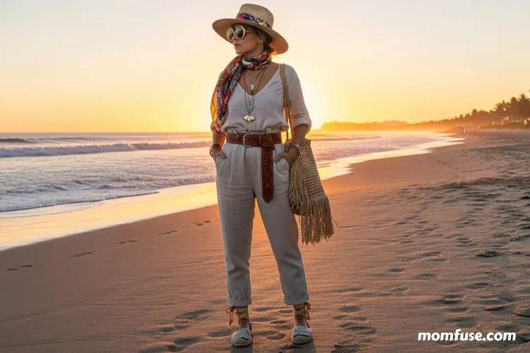 Traveler with accessories like scarves, hats, belts, sunglasses, and stylish shoes. Background: beach