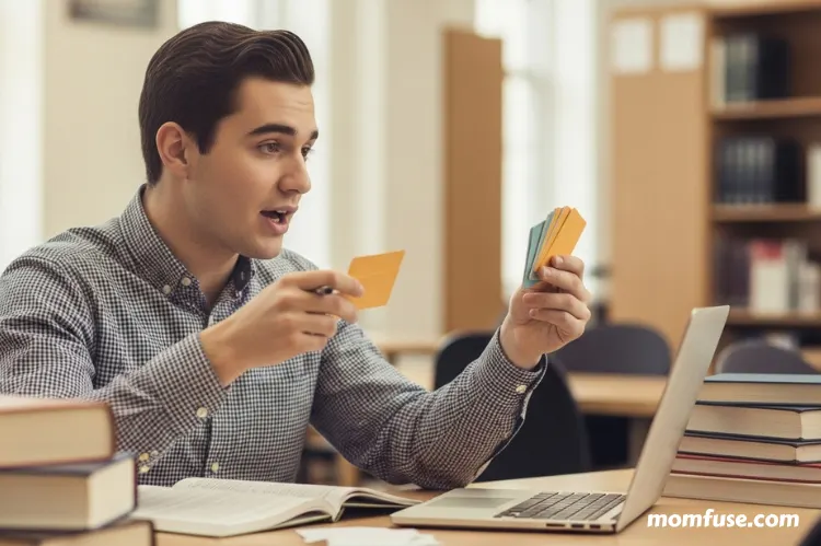 A student using flashcards and speaking aloud to explain concepts. -online study habits