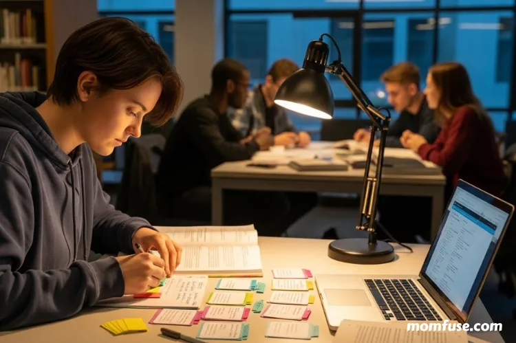 Student using flashcards and a laptop side-by-side, study group in background.