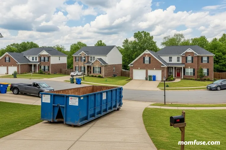 A residential Middle Tennessee neighborhood with homeowners using a driveway dumpster for a cleanout.