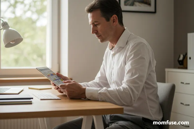 A focused man sitting at a desk in a home office, using a digital tablet to manage his schedule.