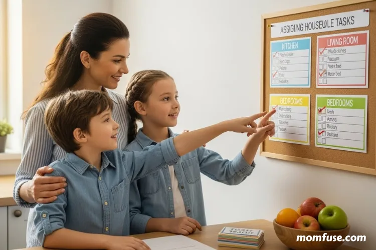 A parent and child assigning household tasks together, using a checklist.