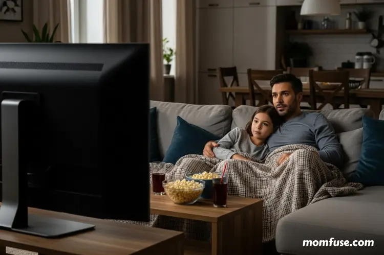 Parent and child watching a movie together on a couch.