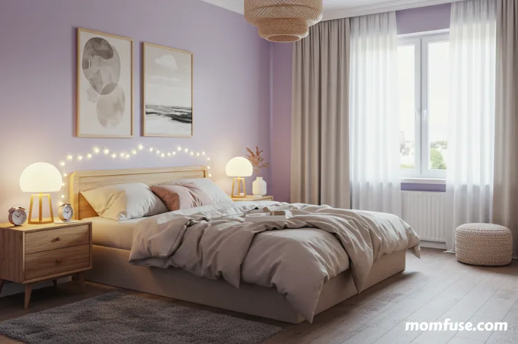 A stylish bedroom with soft pastel walls, neutral decor, and cozy bedding.