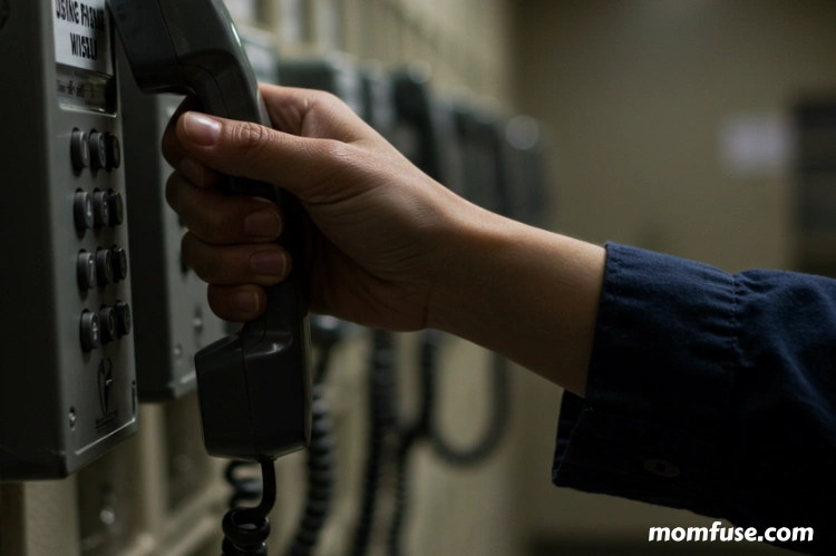 A close-up of a prison telephone with a person’s hand gripping the receiver