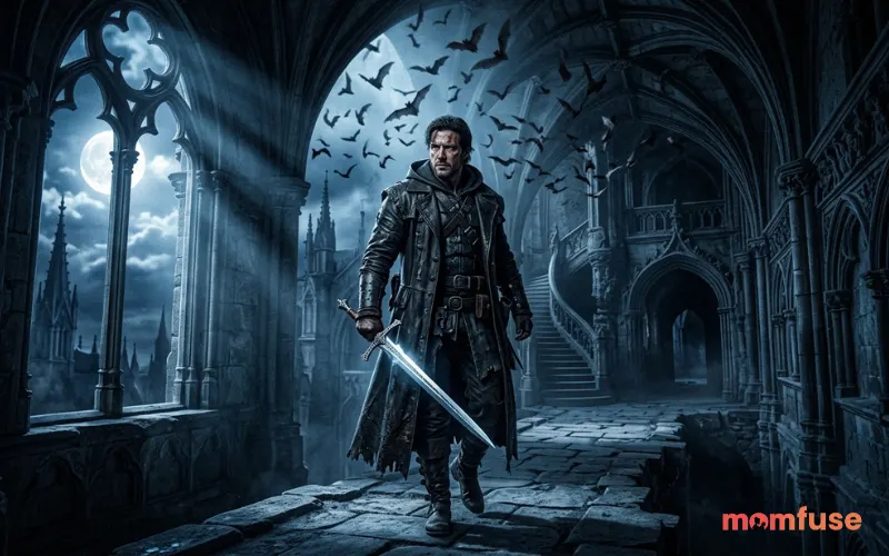 “vampire hunter in gothic castle, moonlight, long coat, silver sword, bats flying, dark blue tones, cinematic horror style”