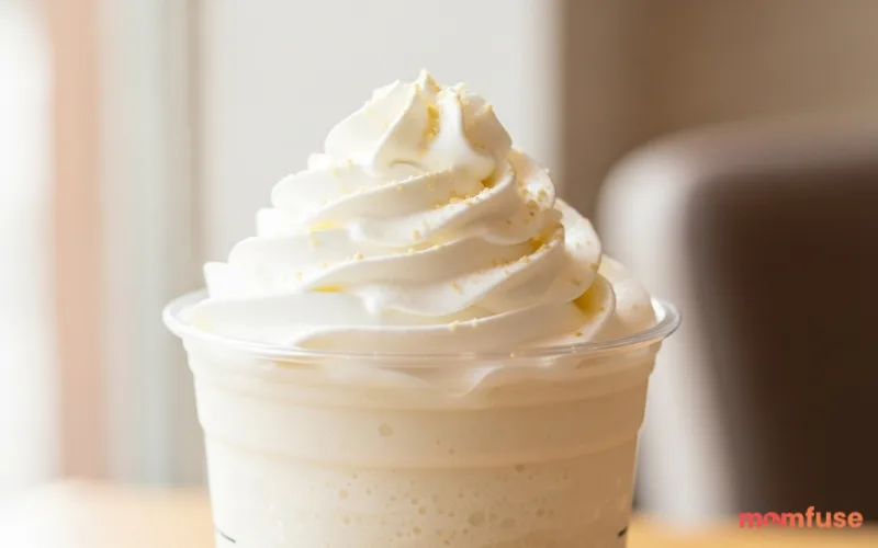 “vanilla bean frappuccino, creamy white drink with whipped cream, soft aesthetic”