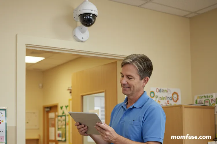 Daycare entryway with a security camera above the door, and man checking camera footage on a tablet device.