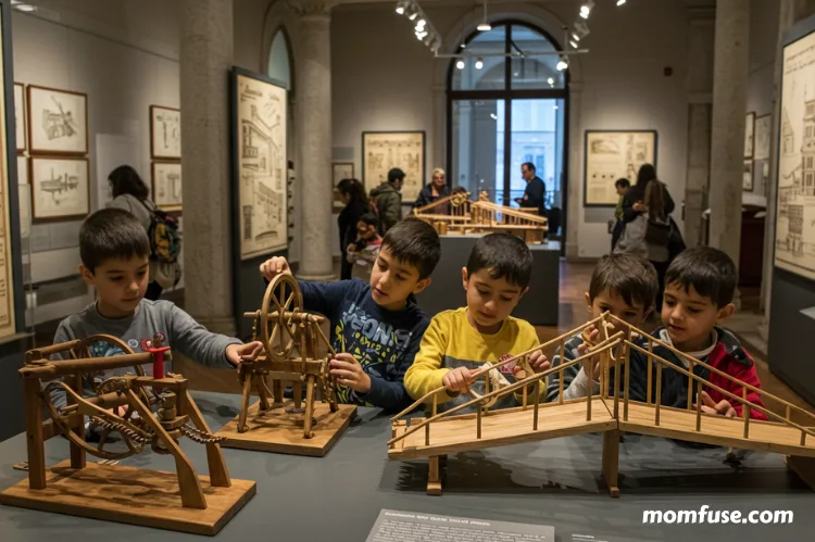 Children interacting with Leonardo da Vinci's inventions in a hands-on museum in Venice.
