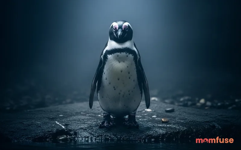 Single penguin standing still with intense gaze, minimal movement, dramatic lighting, mysterious mood, high detail realism
