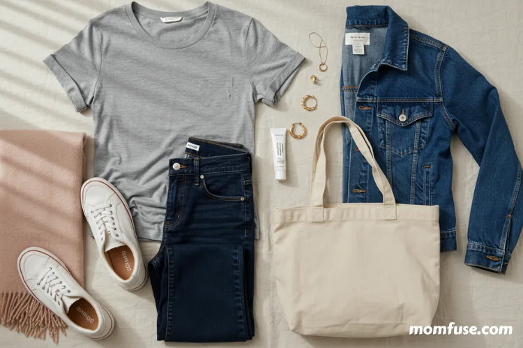 A laid-back flat lay of stylish yet practical mom wardrobe essentials.