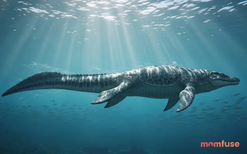 Mosasaurus swimming underwater, light rays through water, realistic ocean environment, cinematic detail