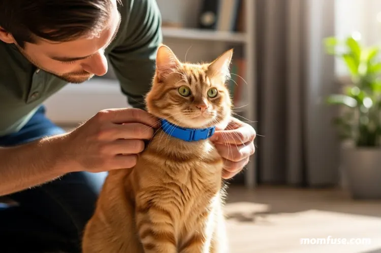 A man adjusting a flea collar around a cat’s neck fitting comfortably underneath.