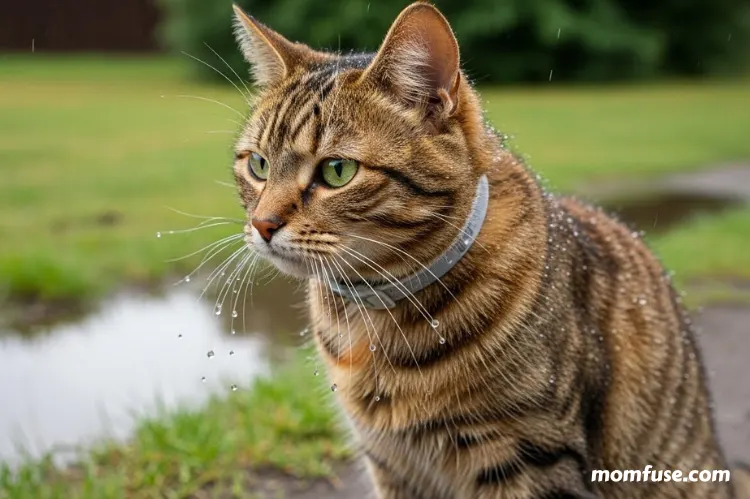 A cat wearing a flea collar outdoors after light rain, water droplets visible on fur but collar intact.