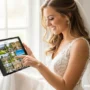 A joyful bride browsing wedding venues on a tablet.