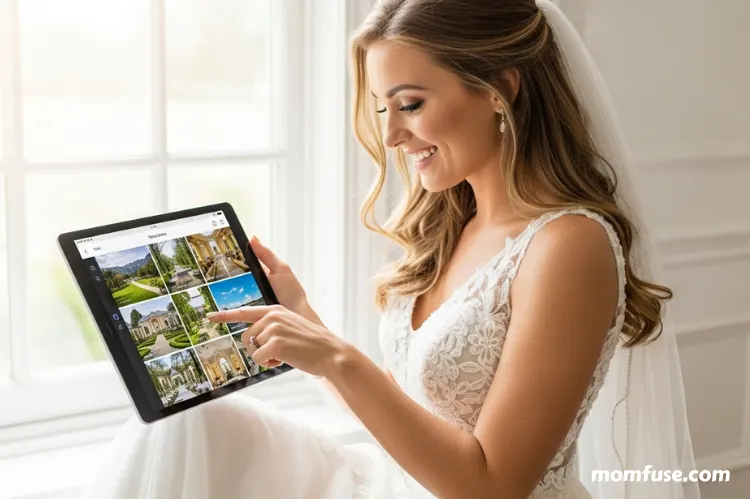 A joyful bride browsing wedding venues on a tablet.
