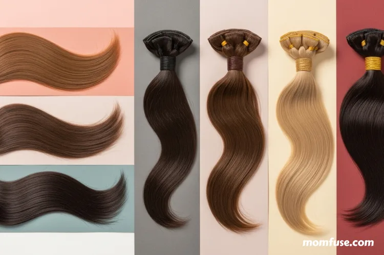A luxurious flatlay of high-quality Remy human hair weft extensions.