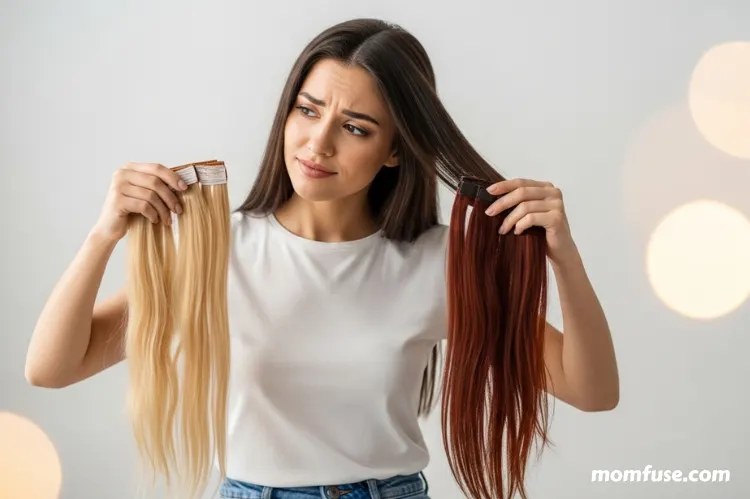A thoughtful woman comparing two sets of hair extensions.