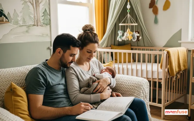 Young parents sitting together with their baby, discussing name ideas from a notebook.