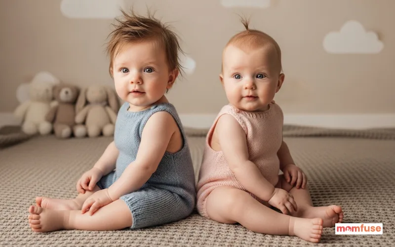 Baby boy and baby girl sitting side by side on a neutral-toned blanket, soft beige nursery background.