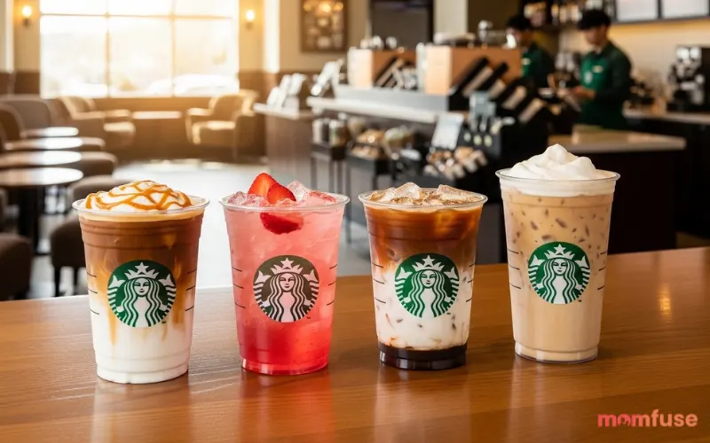“popular Starbucks drinks lineup, caramel macchiato, pink drink, iced chai latte, bright café setting”