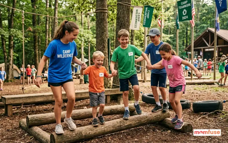 children of different ages enjoying camp activities together, teamwork, outdoor games.