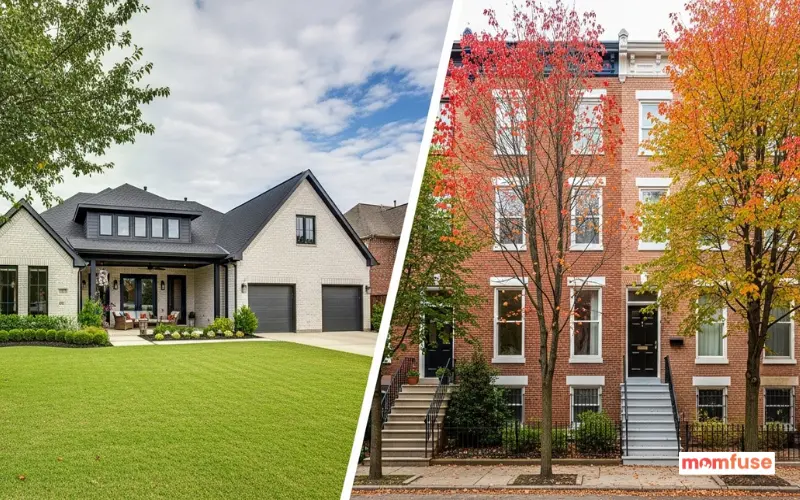 a Houston suburban home with wide lawn and covered patio vs a Philadelphia brick rowhouse with front steps and autumn trees.