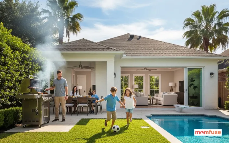Houston family enjoying backyard with pool, barbecue, children playing soccer, open layout living room connecting to patio.