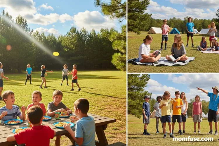 Camp schedule scene: kids eating, playing, resting, and doing group activities.