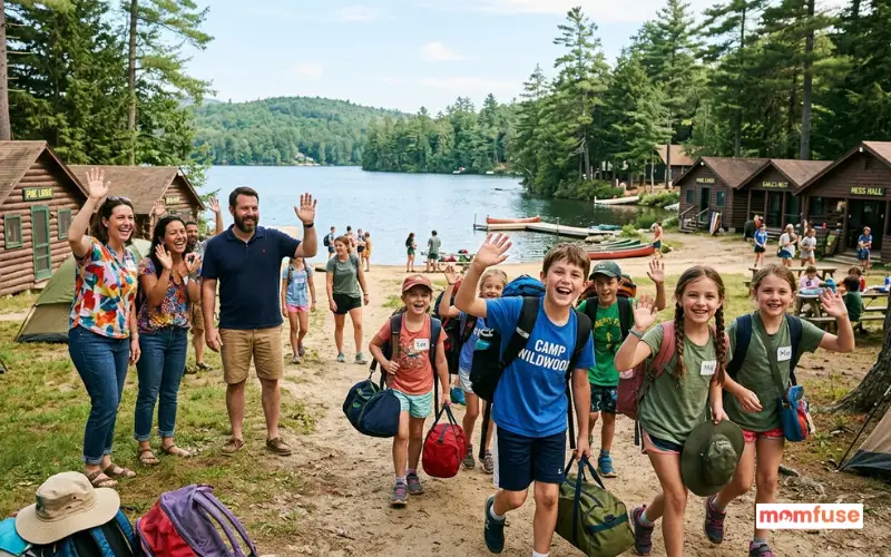 happy children at summer camp near lake and cabins, parents waving goodbye, outdoor adventure.