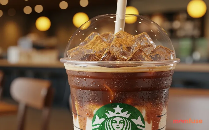 “Brown sugar oatmilk shaken espresso in clear cup, cinnamon dust, ice, Starbucks style café background, trendy lighting”